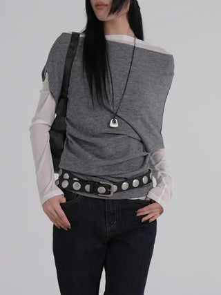 PN Asymmetrical Off-Shoulder Shirred Short-Sleeve Knit
