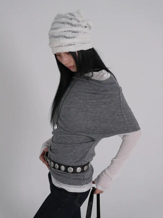 PN Asymmetrical Off-Shoulder Shirred Short-Sleeve Knit