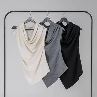 PN Asymmetrical Off-Shoulder Shirred Short-Sleeve Knit