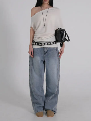 PN Asymmetrical Off-Shoulder Shirred Short-Sleeve Knit
