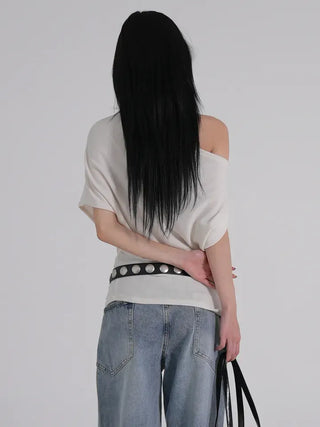 PN Asymmetrical Off-Shoulder Shirred Short-Sleeve Knit