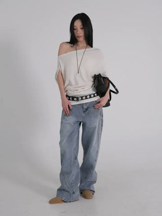 Zeo Loose Fit Mild Wash Cut-out Denim Pants