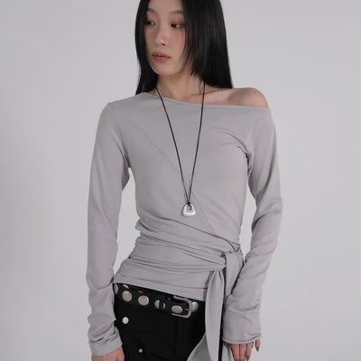 Doyu Asymmetrical Off-Shoulder Waist Strap Long Sleeve Top