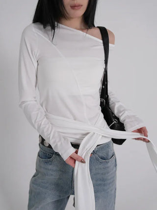 Doyu Asymmetrical Off-Shoulder Waist Strap Long Sleeve Top