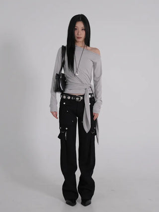 Doyu Asymmetrical Off-Shoulder Waist Strap Long Sleeve Top