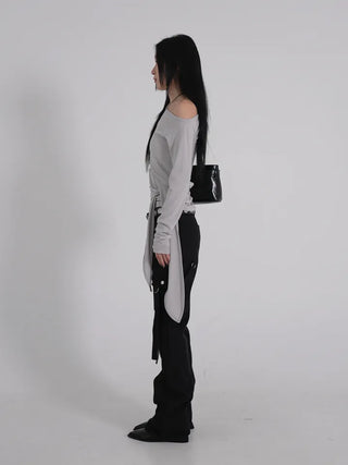 Doyu Asymmetrical Off-Shoulder Waist Strap Long Sleeve Top