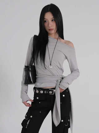 Doyu Asymmetrical Off-Shoulder Waist Strap Long Sleeve Top