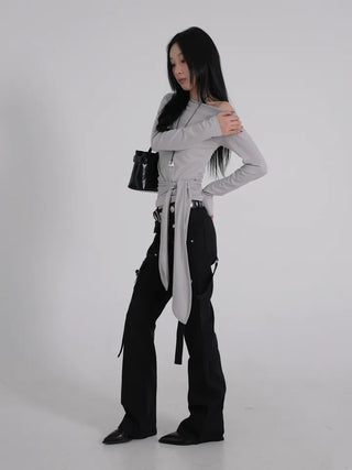Doyu Asymmetrical Off-Shoulder Waist Strap Long Sleeve Top