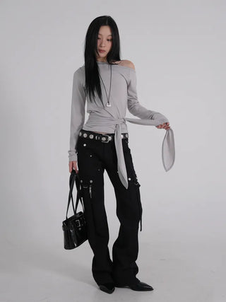Doyu Asymmetrical Off-Shoulder Waist Strap Long Sleeve Top