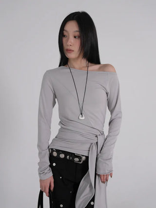 Doyu Asymmetrical Off-Shoulder Waist Strap Long Sleeve Top