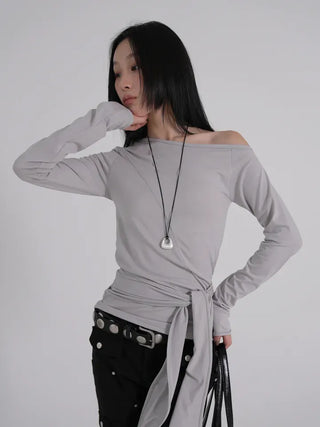 Doyu Asymmetrical Off-Shoulder Waist Strap Long Sleeve Top