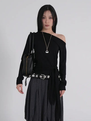 Doyu Asymmetrical Off-Shoulder Waist Strap Long Sleeve Top