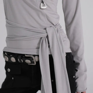 Doyu Asymmetrical Off-Shoulder Waist Strap Long Sleeve Top