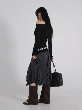 Doyu Asymmetrical Off-Shoulder Waist Strap Long Sleeve Top