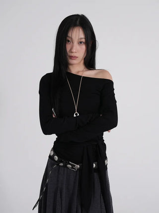 Doyu Asymmetrical Off-Shoulder Waist Strap Long Sleeve Top