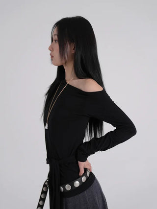 Doyu Asymmetrical Off-Shoulder Waist Strap Long Sleeve Top