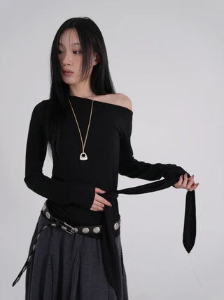 Doyu Asymmetrical Off-Shoulder Waist Strap Long Sleeve Top