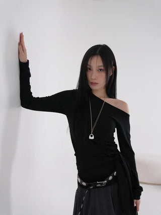 Doyu Asymmetrical Off-Shoulder Waist Strap Long Sleeve Top