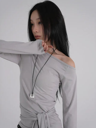 Doyu Asymmetrical Off-Shoulder Waist Strap Long Sleeve Top