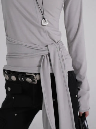 Doyu Asymmetrical Off-Shoulder Waist Strap Long Sleeve Top
