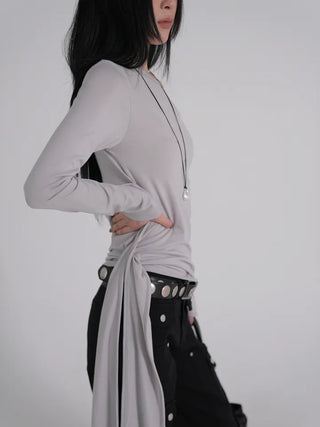 Doyu Asymmetrical Off-Shoulder Waist Strap Long Sleeve Top
