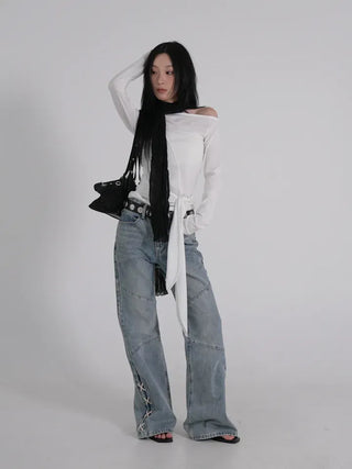Doyu Asymmetrical Off-Shoulder Waist Strap Long Sleeve Top