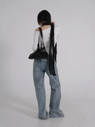 Doyu Asymmetrical Off-Shoulder Waist Strap Long Sleeve Top