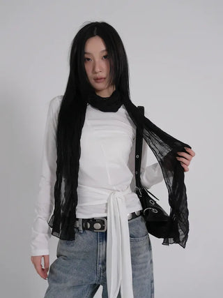 Doyu Asymmetrical Off-Shoulder Waist Strap Long Sleeve Top