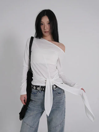 Doyu Asymmetrical Off-Shoulder Waist Strap Long Sleeve Top