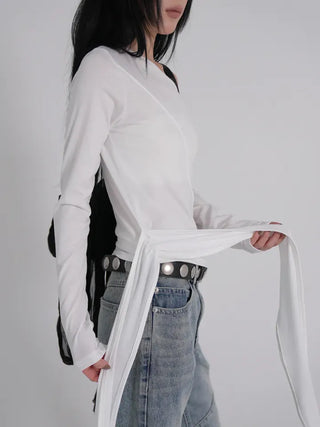 Doyu Asymmetrical Off-Shoulder Waist Strap Long Sleeve Top