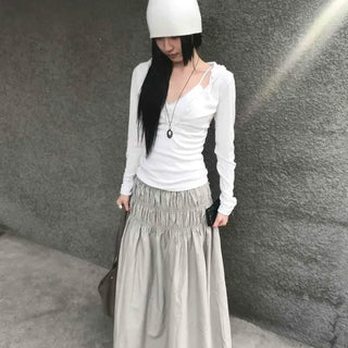 Triple Shirred Low-Waist Flare Elastic Long Skirt