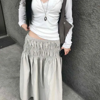 Triple Shirred Low-Waist Flare Elastic Long Skirt