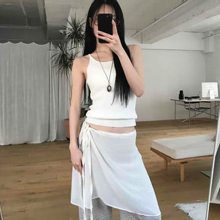 Side Ribbon Tie Asymmetrical Two-Piece Set Asymmetrical Wrap Midi Skirt