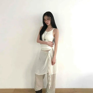Side Ribbon Tie Asymmetrical Two-Piece Set Asymmetrical Wrap Midi Skirt