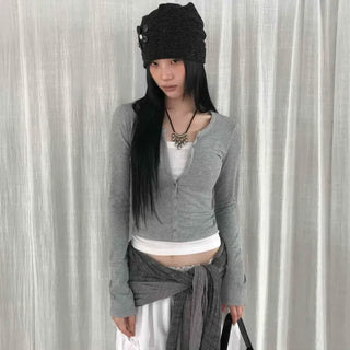 Slim Fit Round Neck Snap Button Short Long Sleeve Cardigan