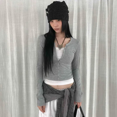 Slim Fit Round Neck Snap Button Short Long Sleeve Cardigan