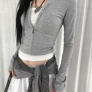 Slim Fit Round Neck Snap Button Short Long Sleeve Cardigan