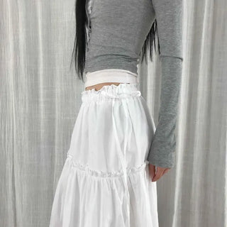 Shirred Waist Ribbon Frill Tiered Long Skirt