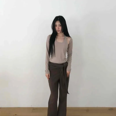 High-Waisted Drape Ribbon Wide Slacks