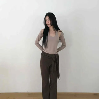 High-Waisted Drape Ribbon Wide Slacks