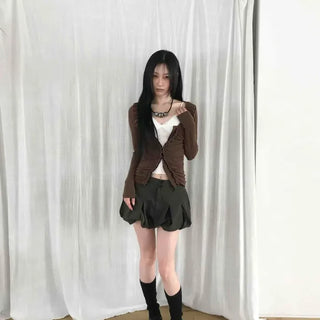 Front Shirred Hook Slim Fit V-Neck Short Cardigan