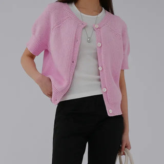 Cane Round Neck Short Sleeve Cardigan