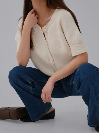 Cane Round Neck Short Sleeve Cardigan