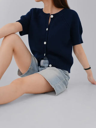 Cane Round Neck Short Sleeve Cardigan