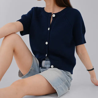 Cane Round Neck Short Sleeve Cardigan