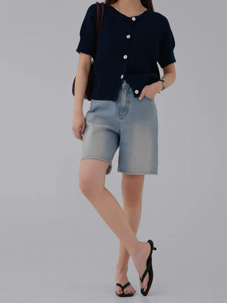 Cane Round Neck Short Sleeve Cardigan