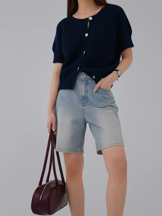 Cane Round Neck Short Sleeve Cardigan