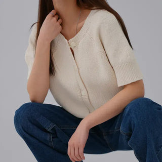 Cane Round Neck Short Sleeve Cardigan