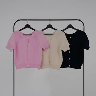 Cane Round Neck Short Sleeve Cardigan