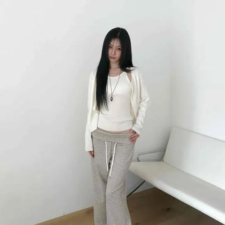 Wide Striped Waist Tie Back Pocket Straight Long Pants